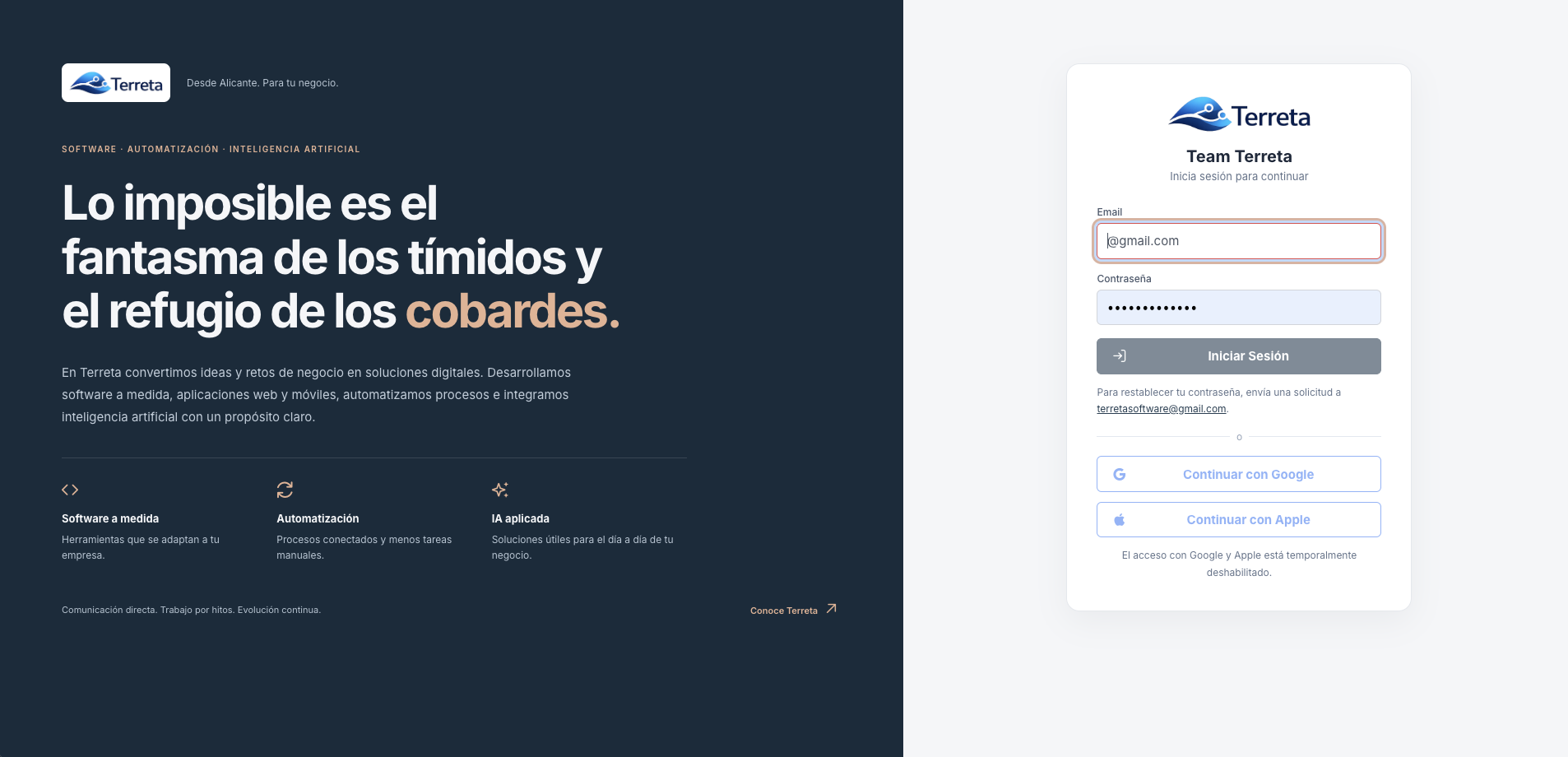 Pantalla de acceso de Terreta CRM